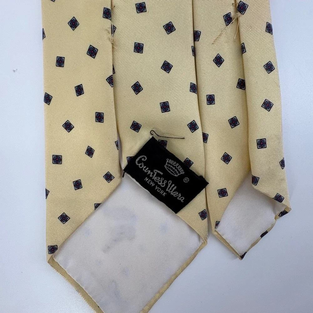 Countess Mara Silk Tie 56x3.75 Mens OS Yellow Geometric Diamond Embroidered Logo
